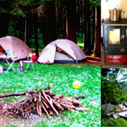 Zeltlager, alter Ofen, Stadt in der Natur, Kinder auf Wanderschaft