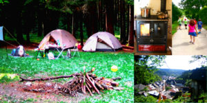 Zeltlager, alter Ofen, Stadt in der Natur, Kinder auf Wanderschaft