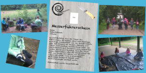 Viele Kinder beim Schnitzen im Wald