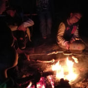 Kinder beim Stockbrot grillen am Lagerfeuer