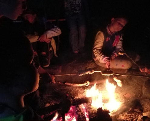 Kinder beim Stockbrot grillen am Lagerfeuer