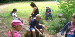 Kinder beim Schnitzen im Wald